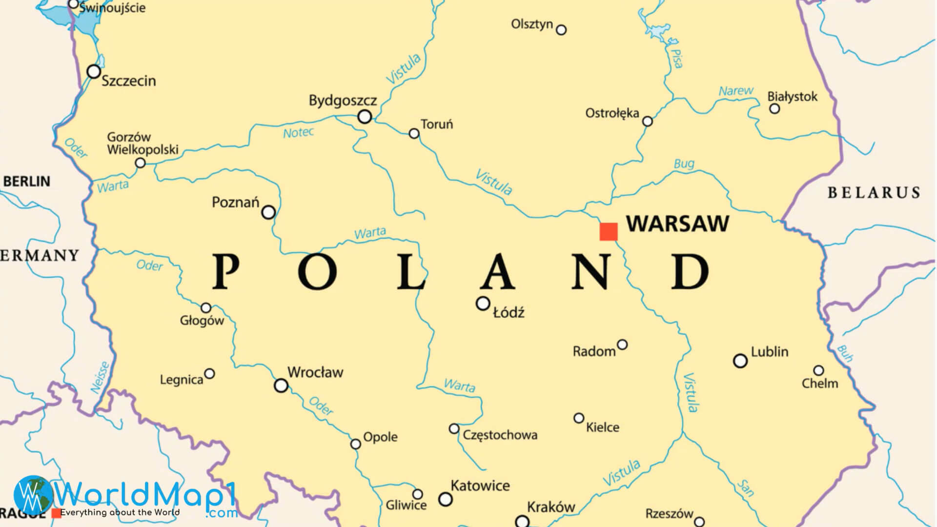 Carte des grandes villes de Pologne